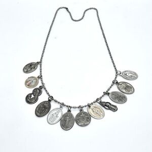 Vtg Religious Christian Necklace 12 Medals Charms St. Dymphna Mother Mary Fatima
